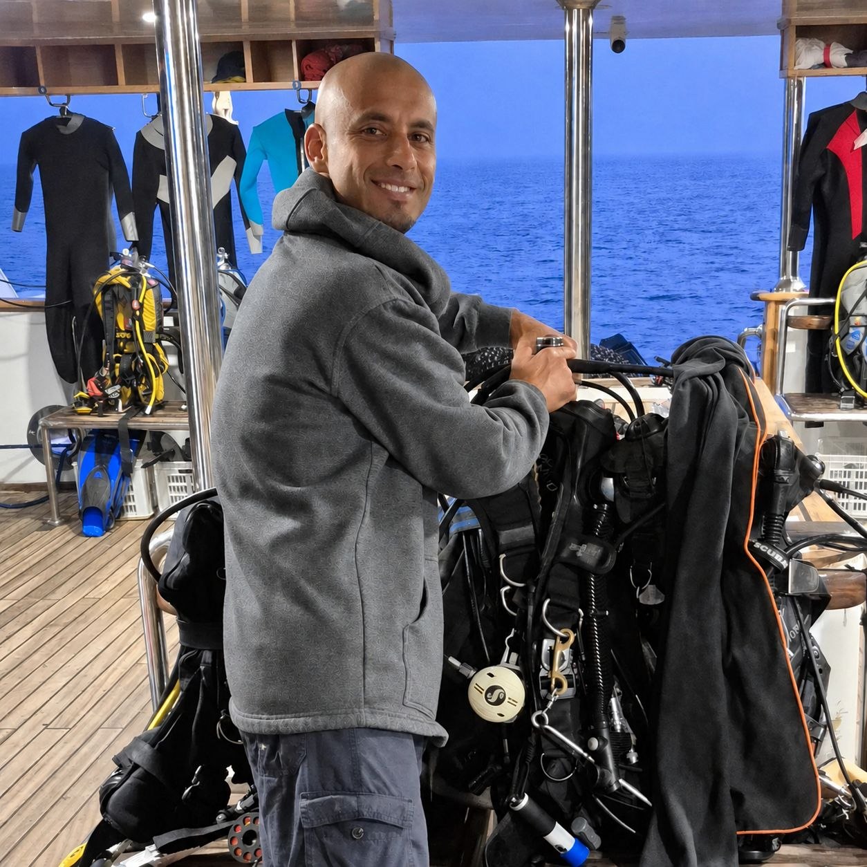 Ahmed beim Vorbereiten der Tauchausrüstung an Bord